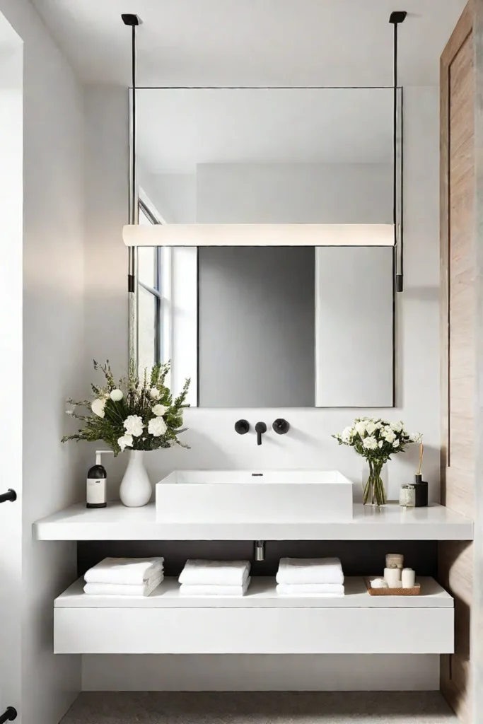 Minimalist bathroom with floating vanity and large mirror