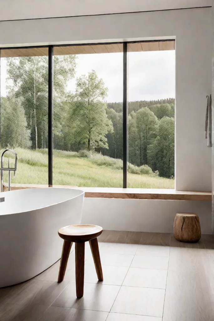 Minimalist bathroom with freestanding tub and nature view
