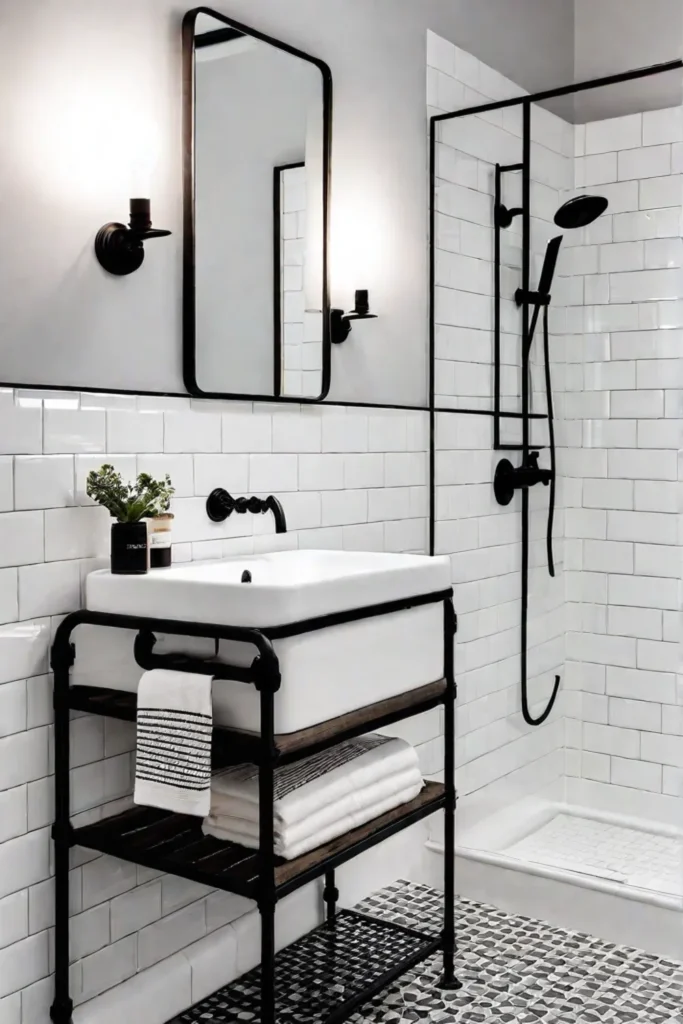 Minimalist bathroom with white subway tiles and black metal frame