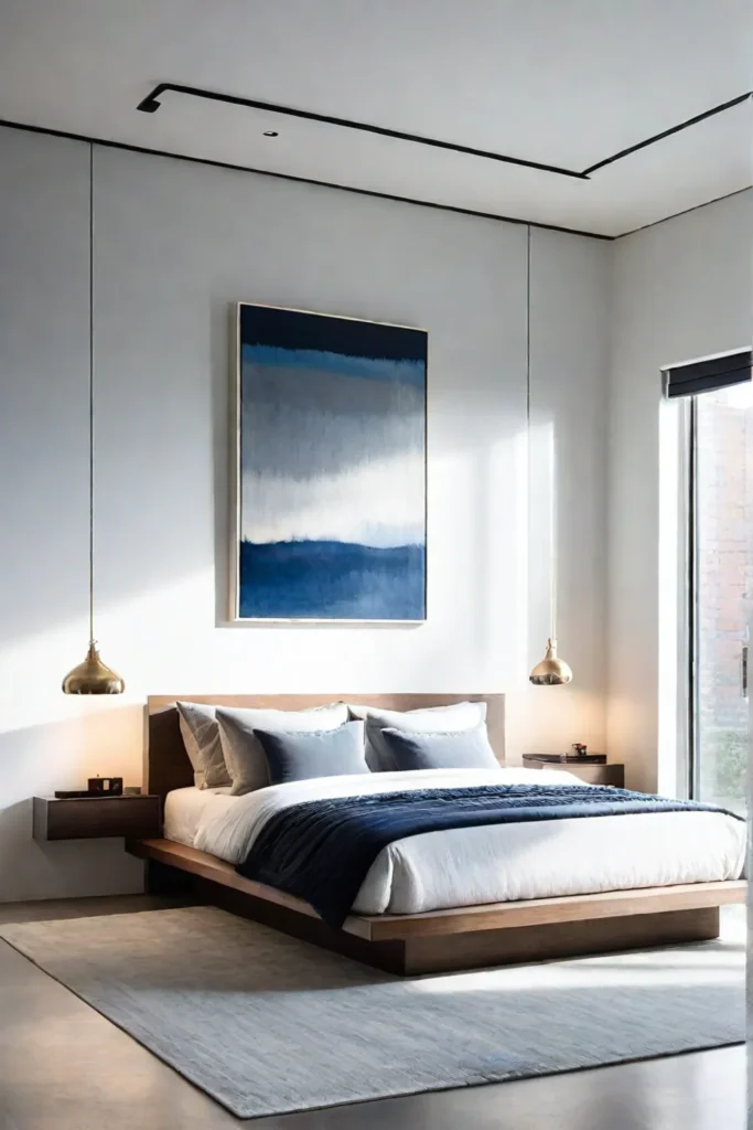 Minimalist bedroom with abstract art