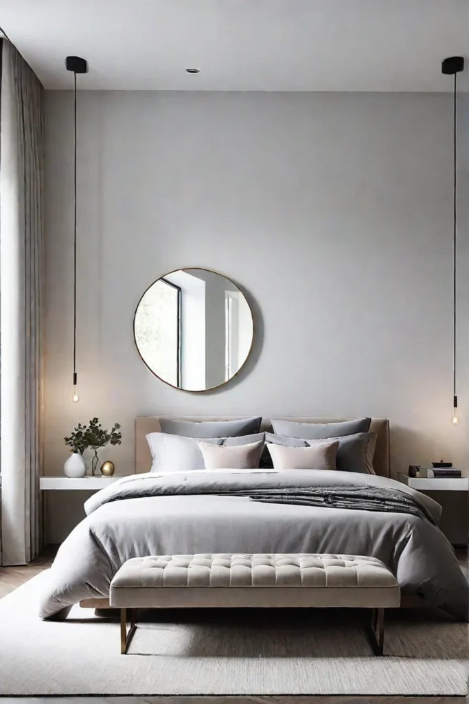 Minimalist bedroom with statement mirror