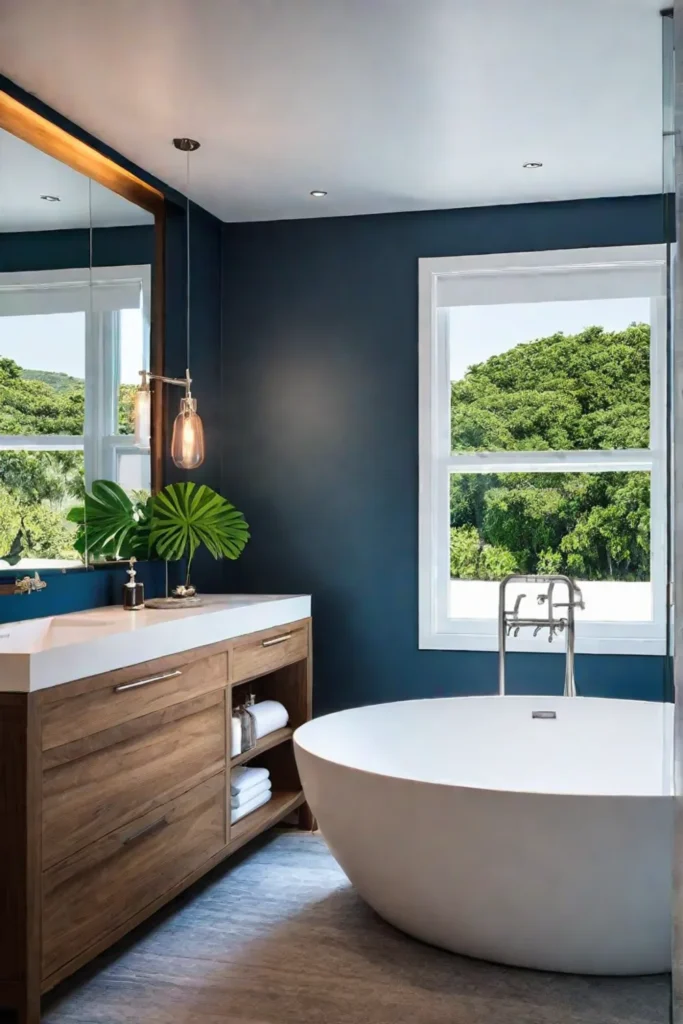 Minimalist coastal bathroom with ocean view and natural light