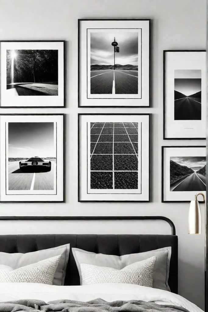 Minimalist gallery wall with black and white photography