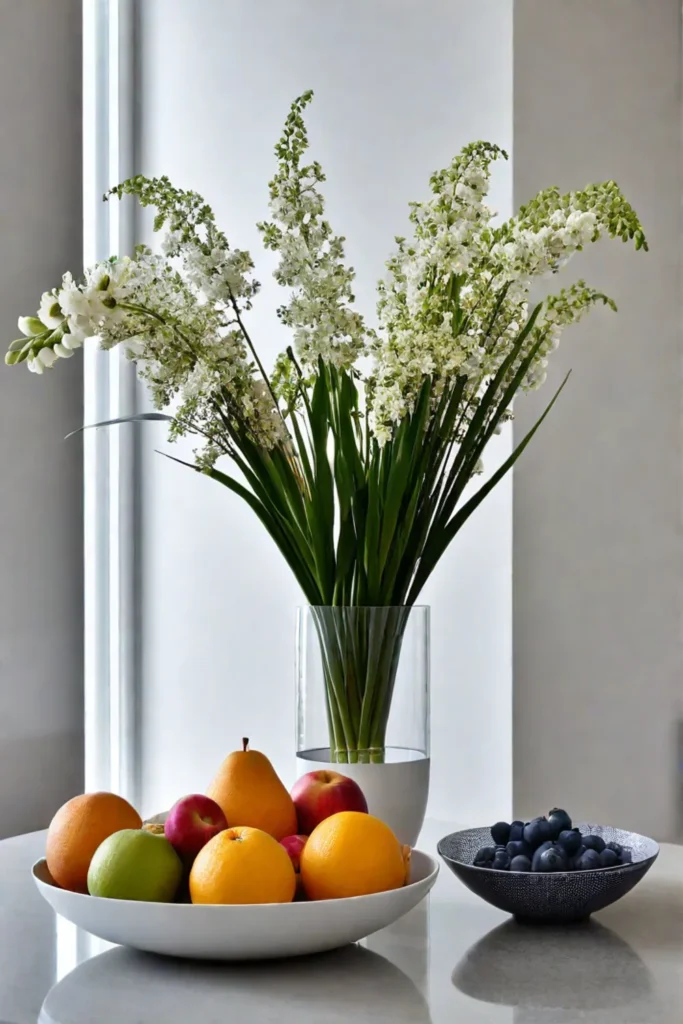 Minimalist kitchen counter with a fruit bowl and flowers free from clutter