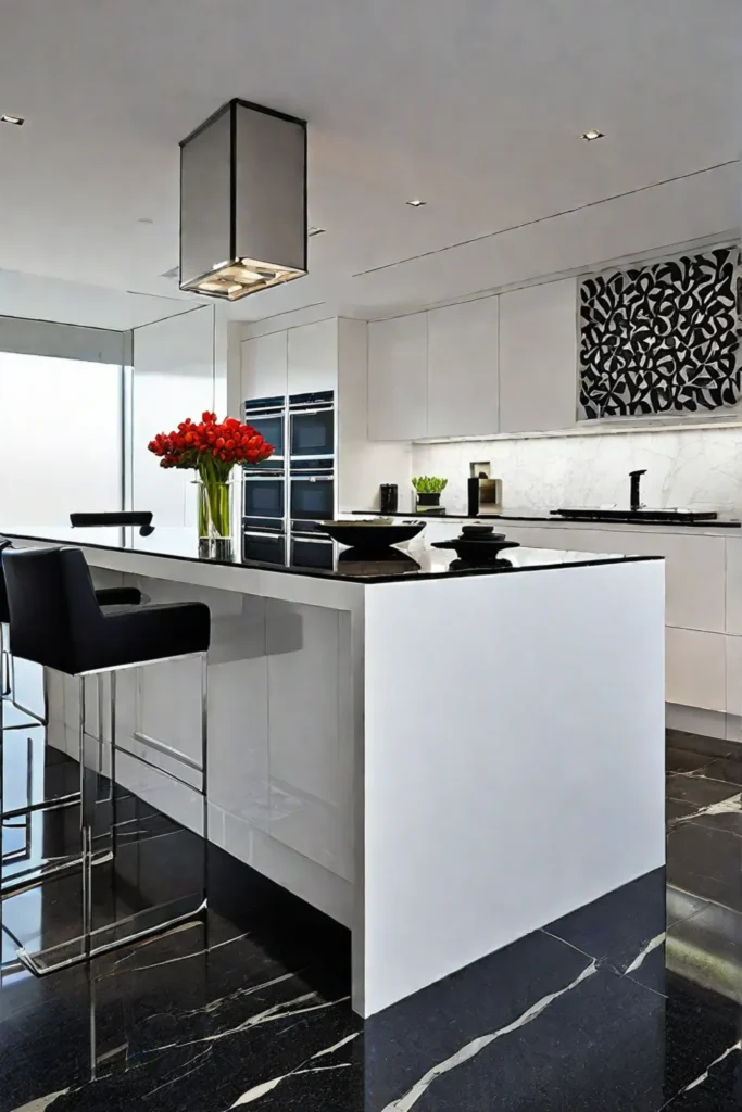 Minimalist kitchen design with black granite and white cabinets