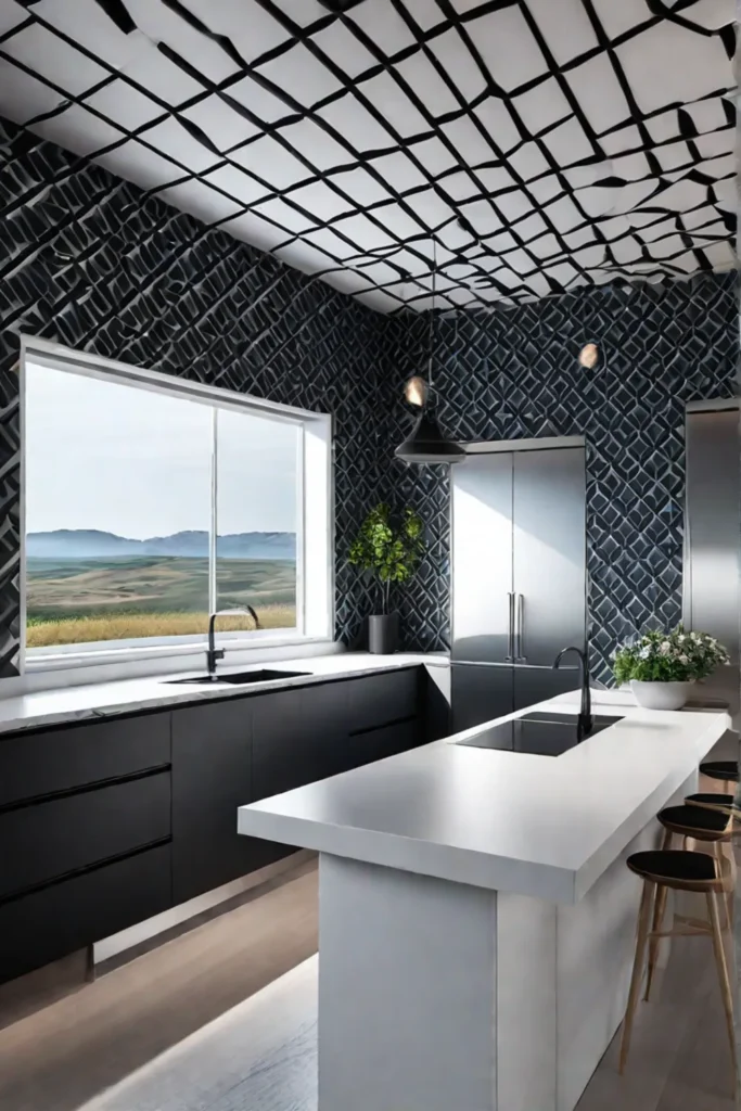 Minimalist kitchen design with bold ceiling wallpaper