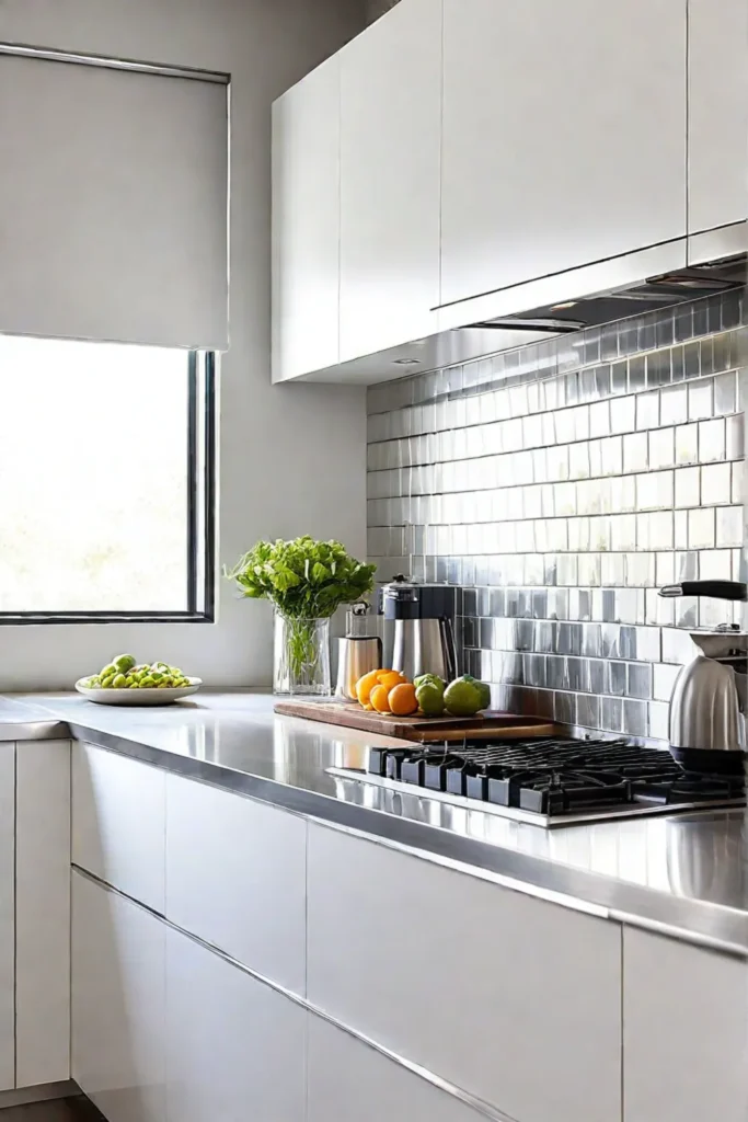 Minimalist kitchen design with white subway tile and waterfall countertop