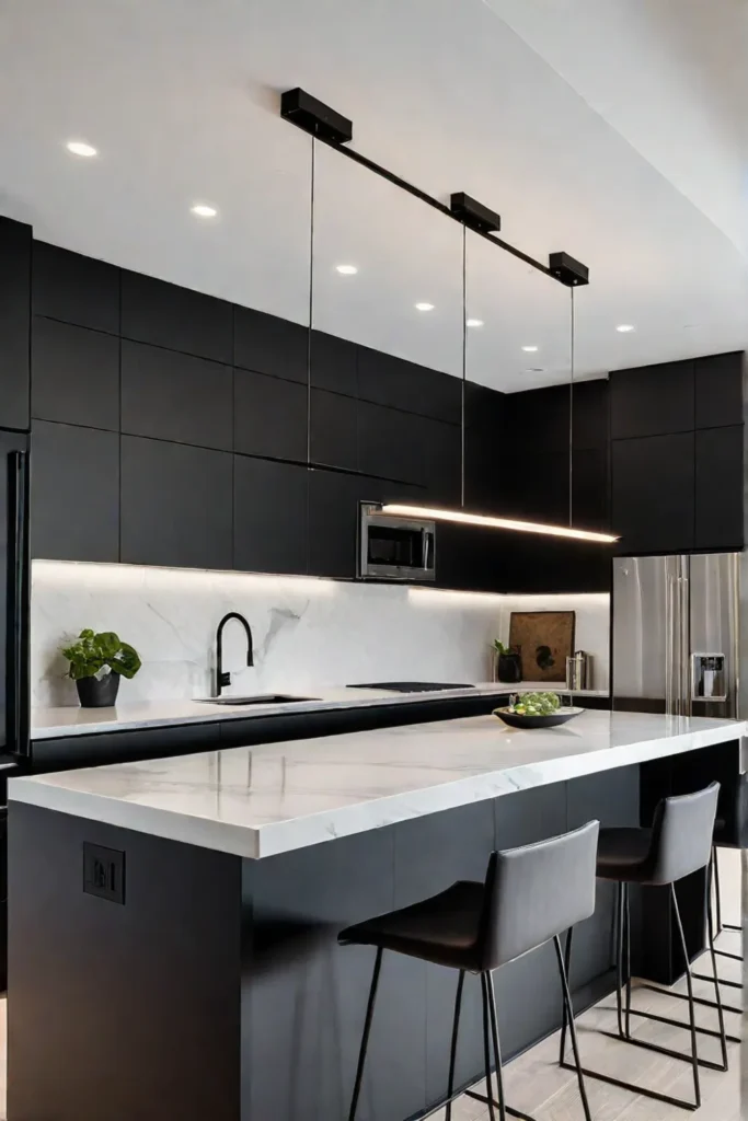 Minimalist kitchen with black cabinets and white countertops