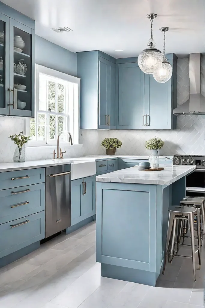 Minimalist kitchen with light blue cabinets and chrome fixtures