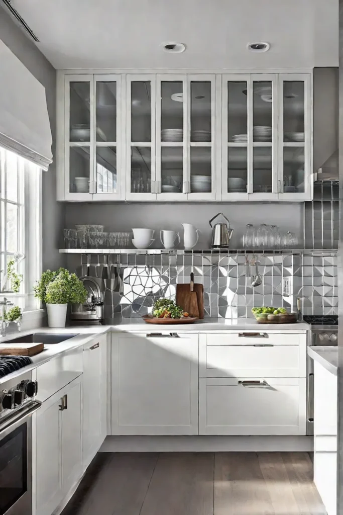 Mirrored backsplash and large window in a small kitchen