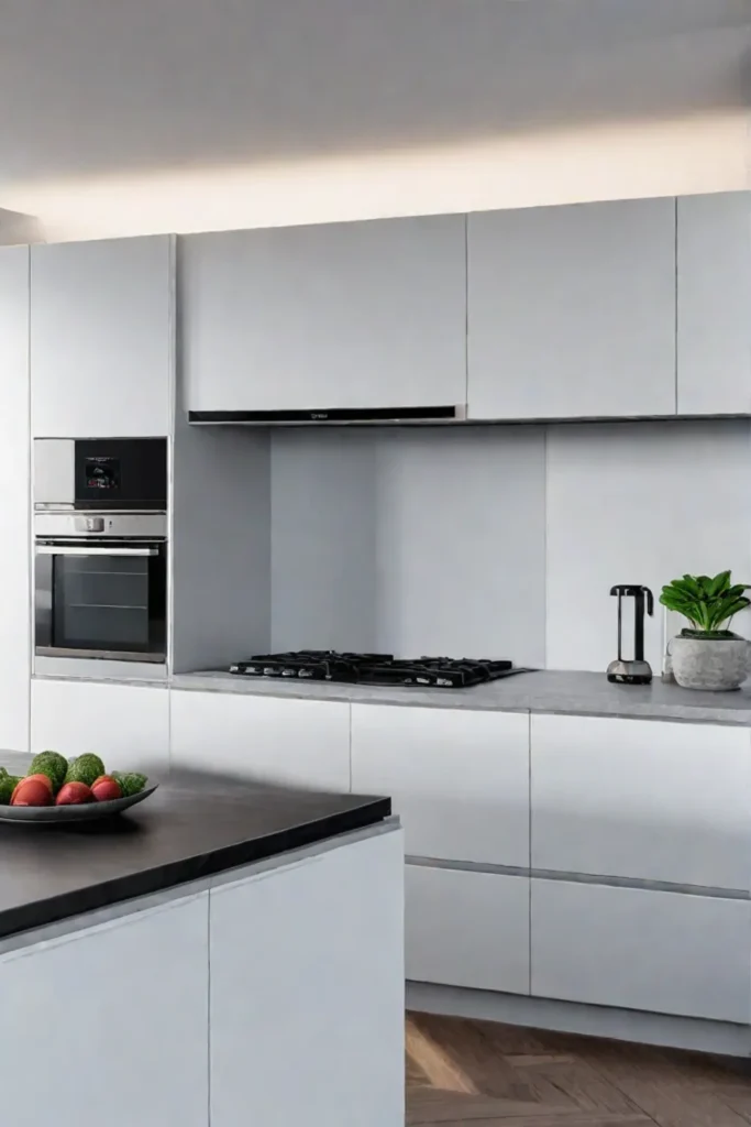 Modern appliances blend into a Scandinavian kitchen with white cabinets and gray countertops