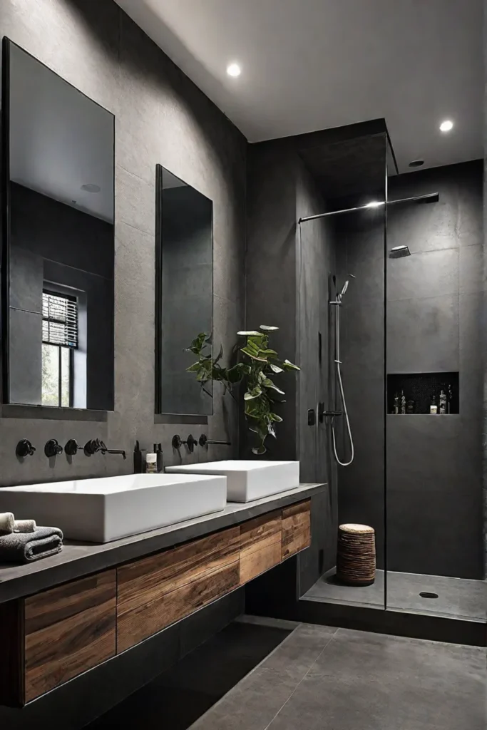 Modern bathroom with concrete floors and dark wood