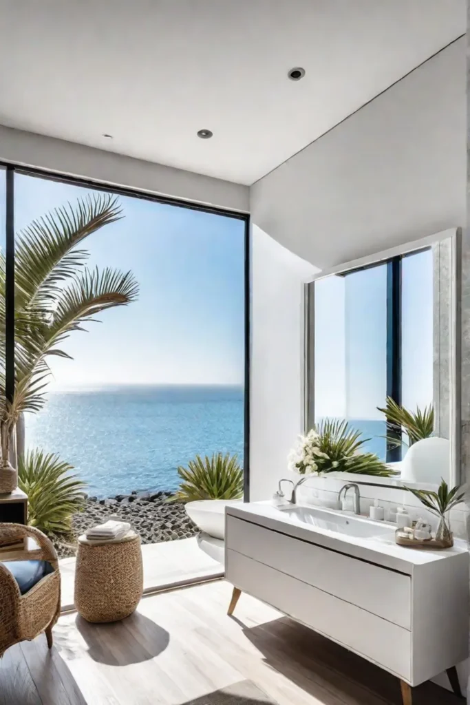 Modern bathroom with ocean view and driftwood decor