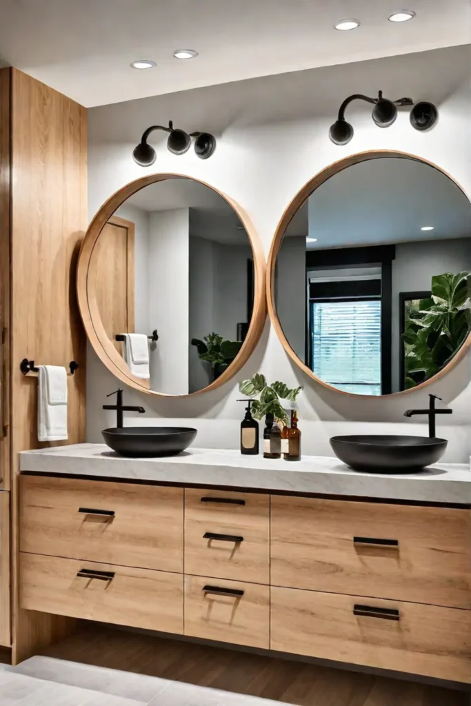 Modern bathroom with wood cabinets and black accents