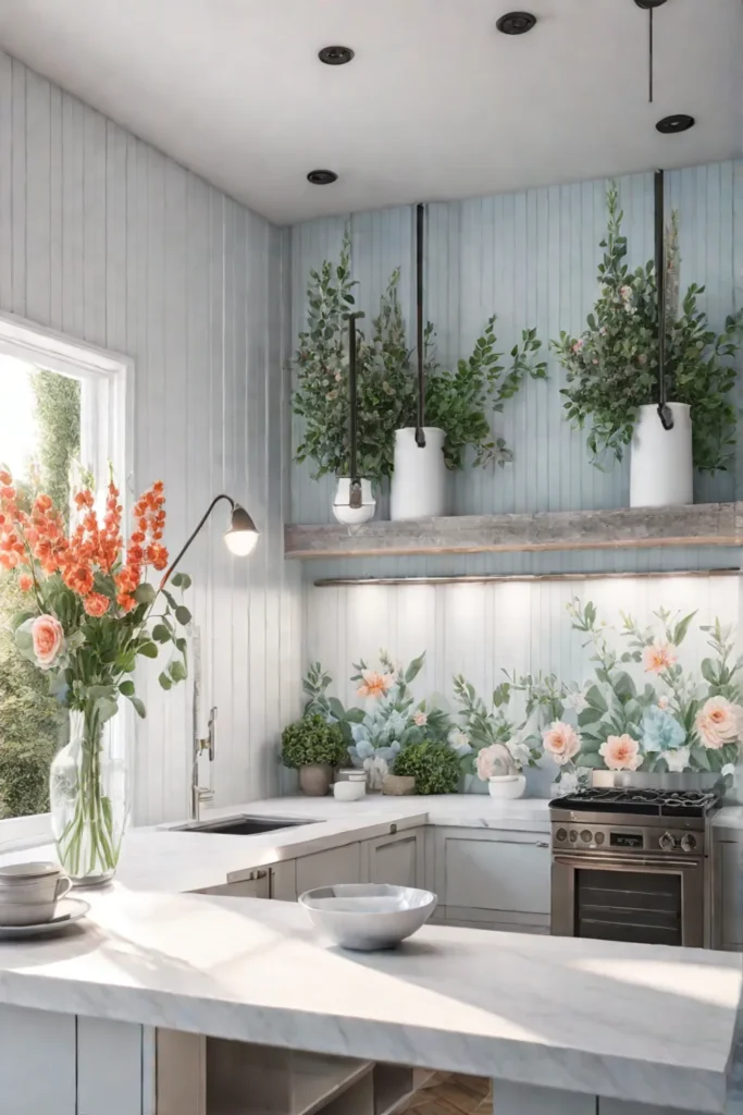 Modern farmhouse kitchen with floral wallpaper accent wall
