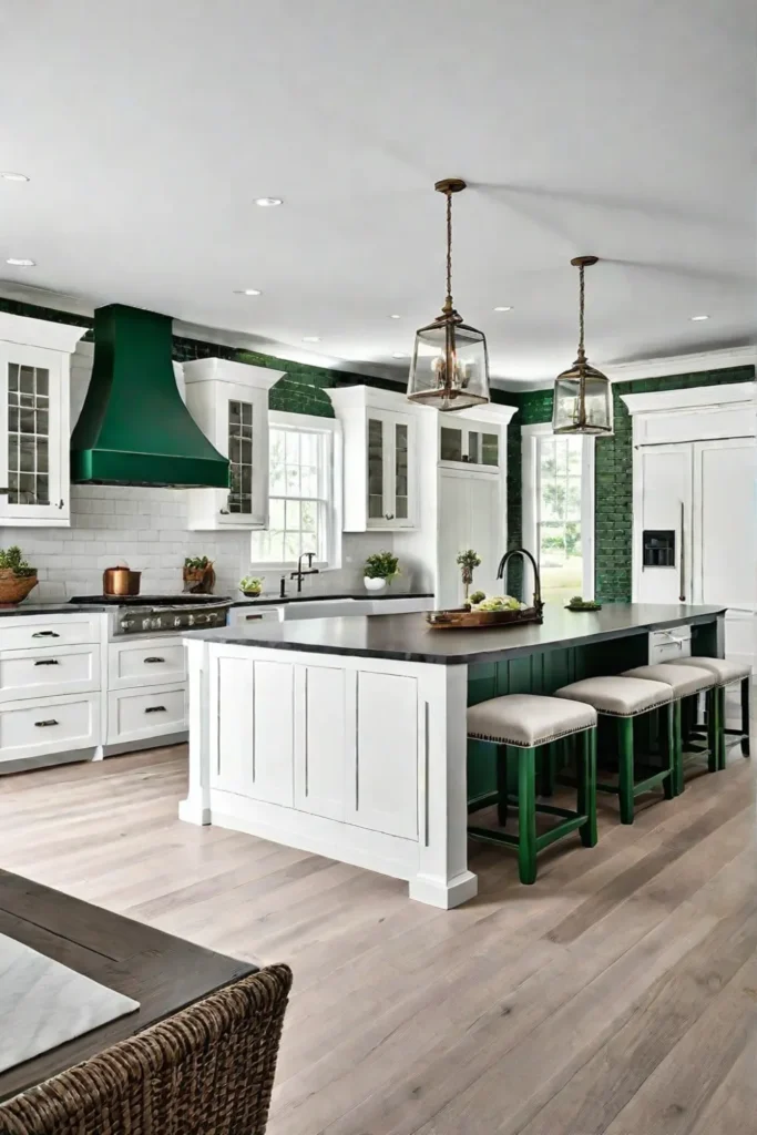 Modern farmhouse kitchen with green island