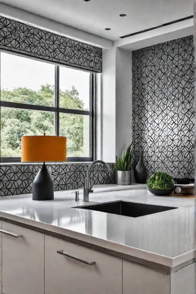 Modern kitchen with geometric wallpaper and white cabinets