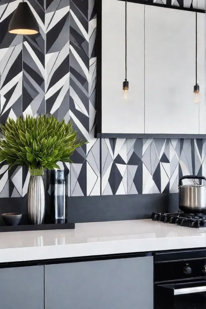 Modern kitchen with geometric wallpaper statement wall