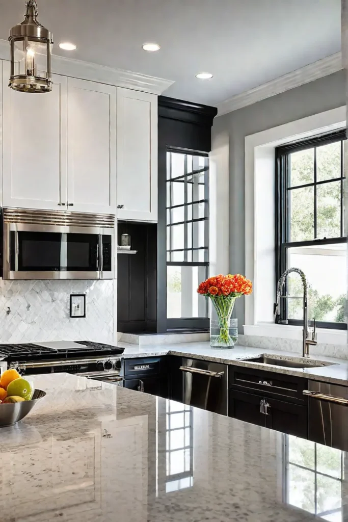 Modern kitchen with white cabinets and black granite countertops