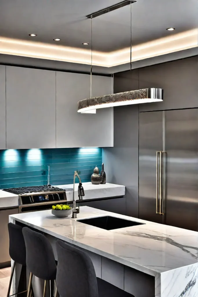 Modern small kitchen with statement pendant and track lighting