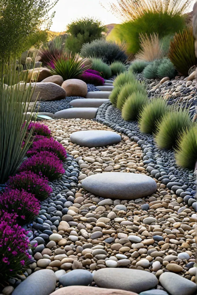 Natural landscaping with river rocks grasses and wildflowers