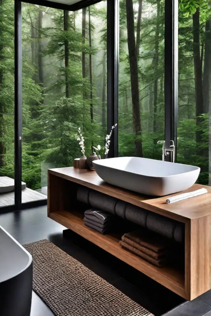 Natureinspired Scandinavian bathroom with stone and wood