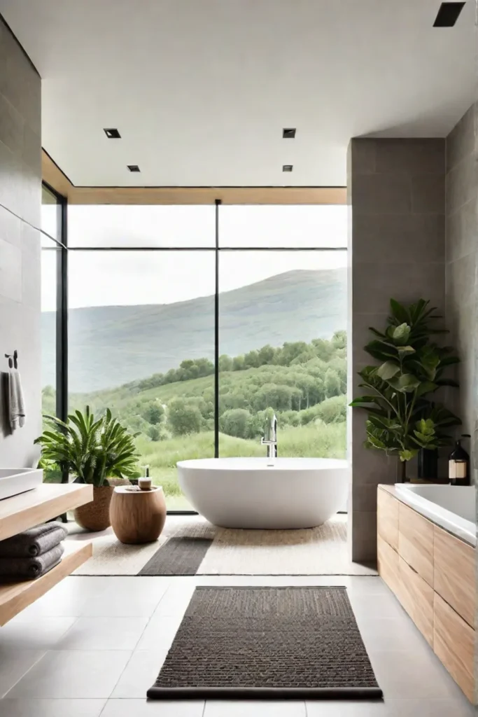Natureinspired bathroom with stone tiles and wooden accents
