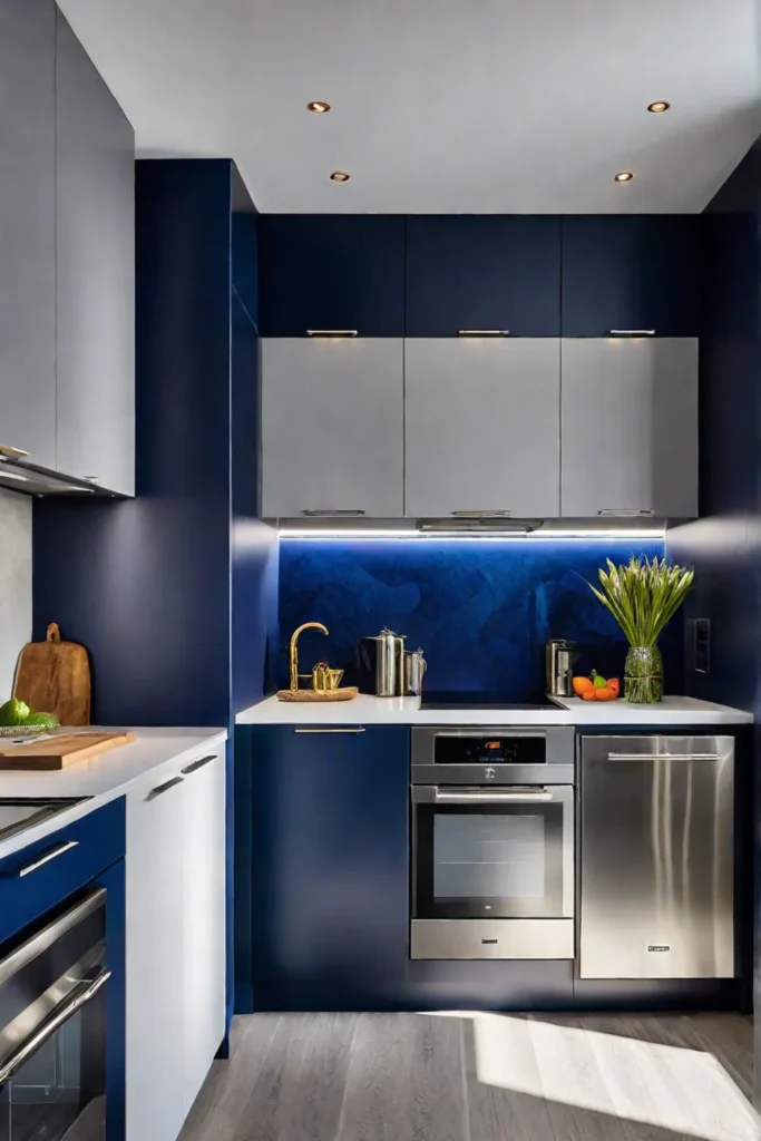 Navy blue accent wall in a small kitchen