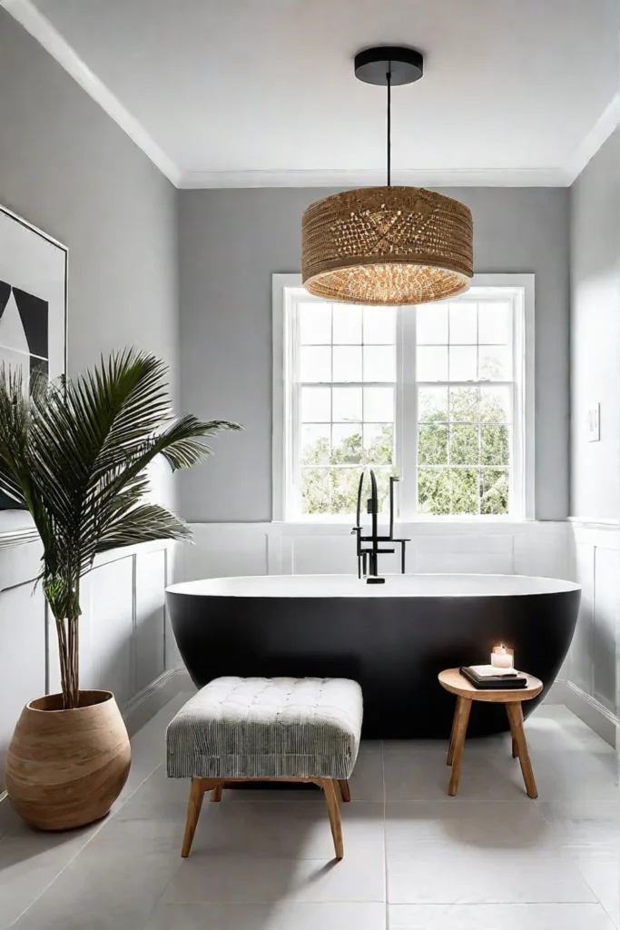 Neutral bathroom with black and wood accents