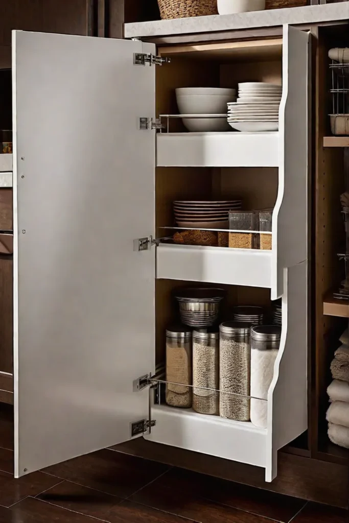 Open kitchen cabinet with pullout shelves for linens and baking supplies
