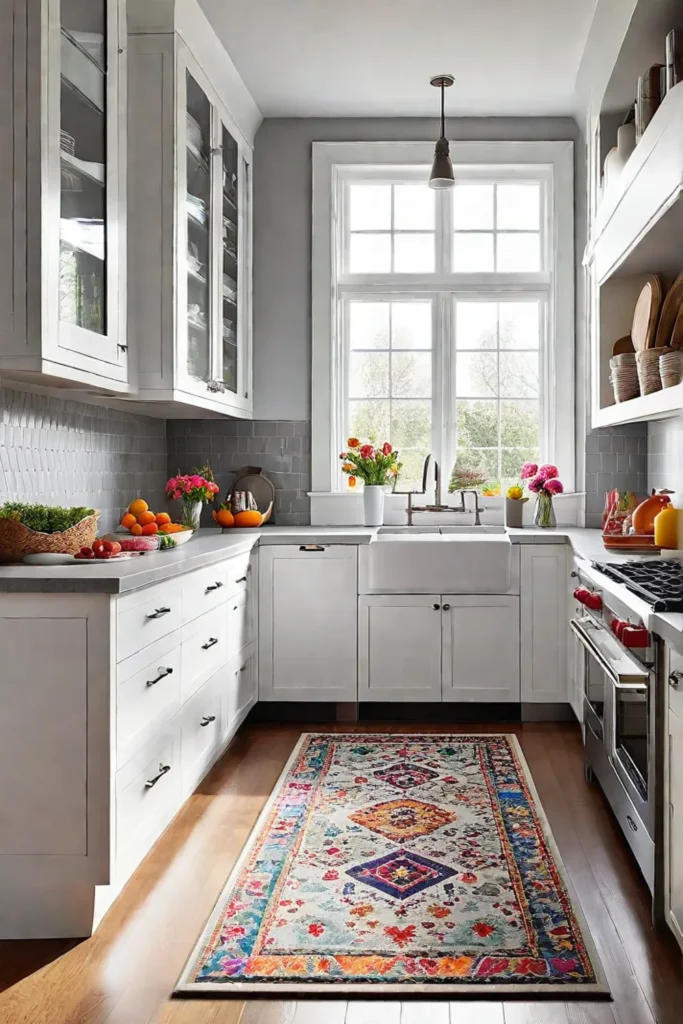 Open shelves and a colorful rug in a small kitchen