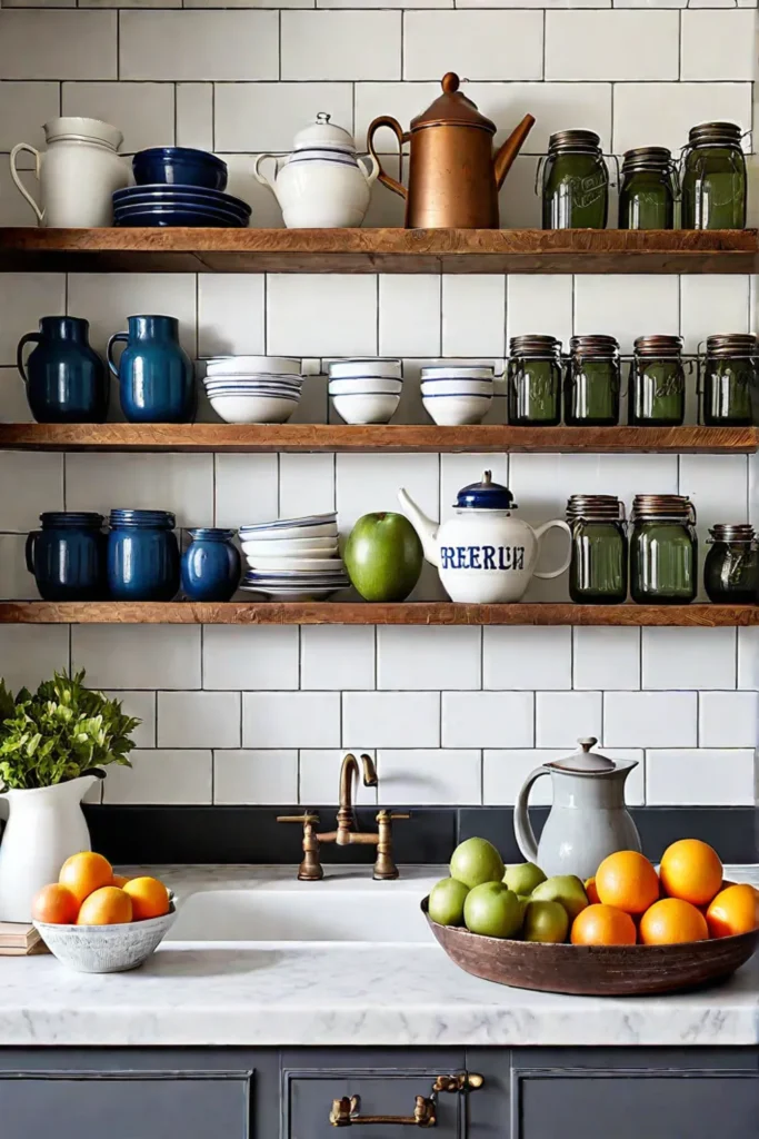 Open shelves with mason jars in a farmhouse kitchen