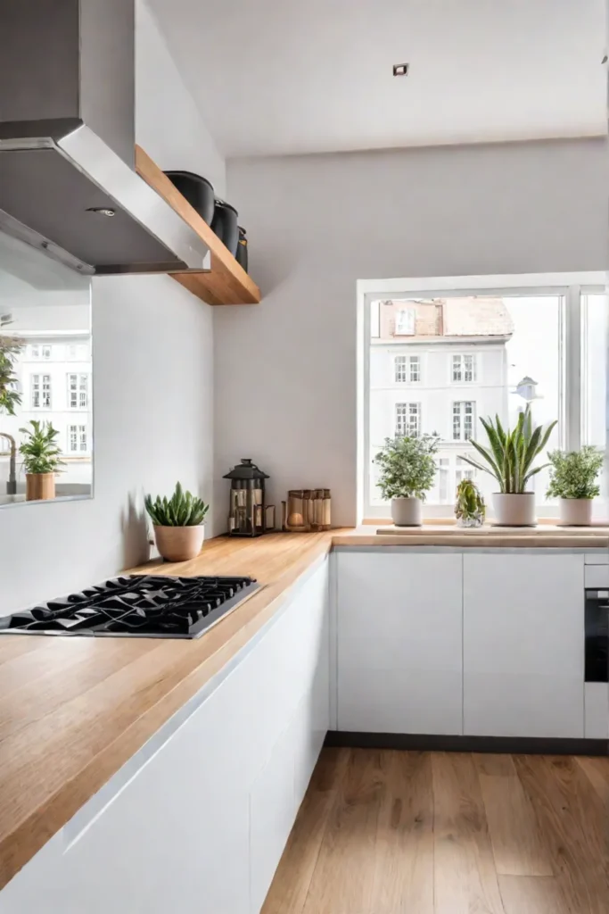 Open shelving and clean lines define a bright Scandinavian kitchen space