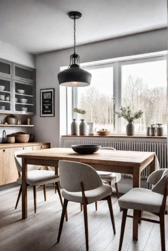 Open shelving displaying ceramic tableware in a bright Scandinavian kitchen