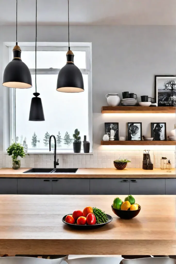 Open shelving showcases cookbooks and serving dishes in a Scandinavian kitchen island
