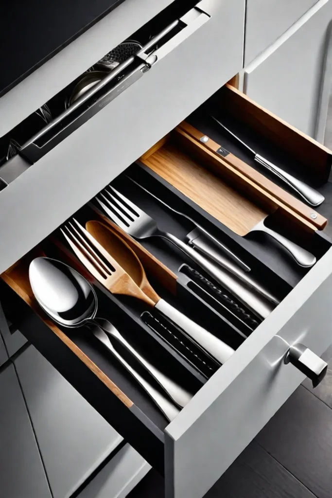 Organized kitchen drawer with compartments for cutlery and utensils using dividers