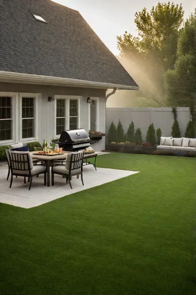 Outdoor cooking area with a lawn and seating