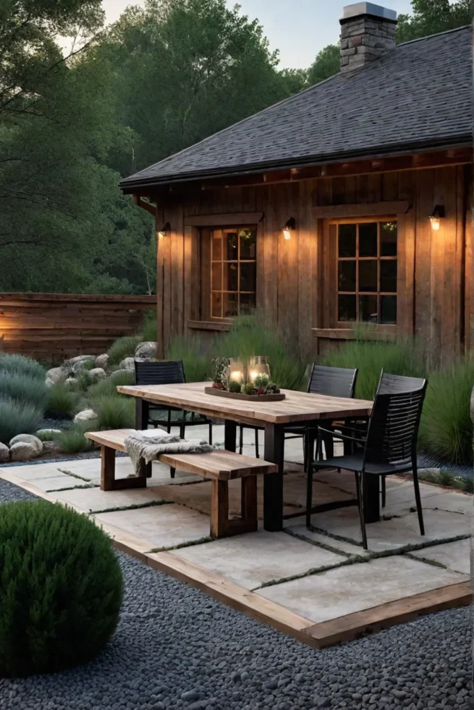 Outdoor dining area with lowmaintenance landscape and native shrubs