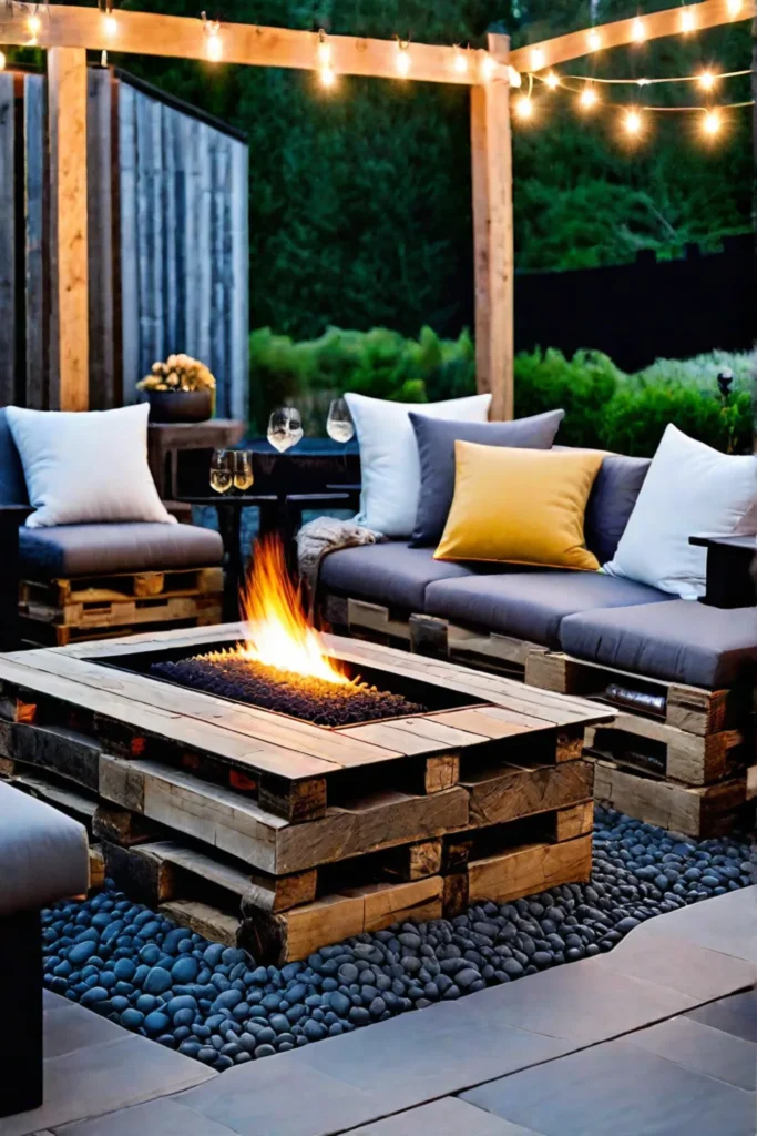 Outdoor gathering space with fire pit and pallet furniture