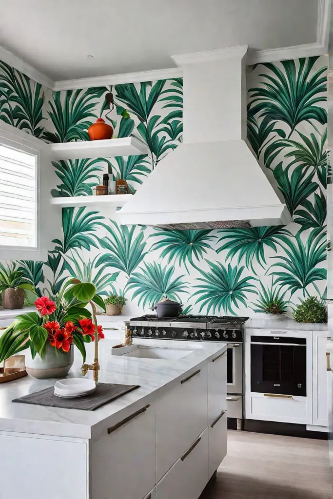 Palm frond and floral wallpaper in a white kitchen