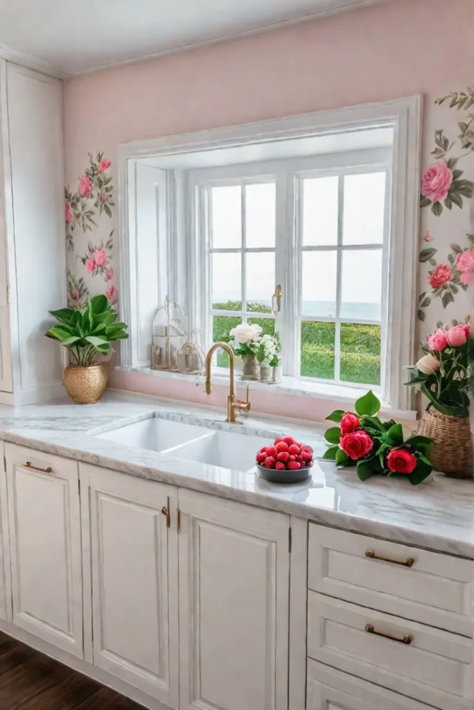 Pastel floral wallpaper in a bright kitchen