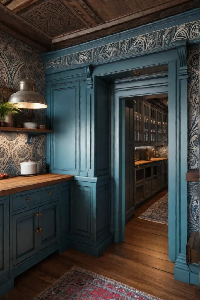 Patterned wallpaper adding personality to a kitchen pantry