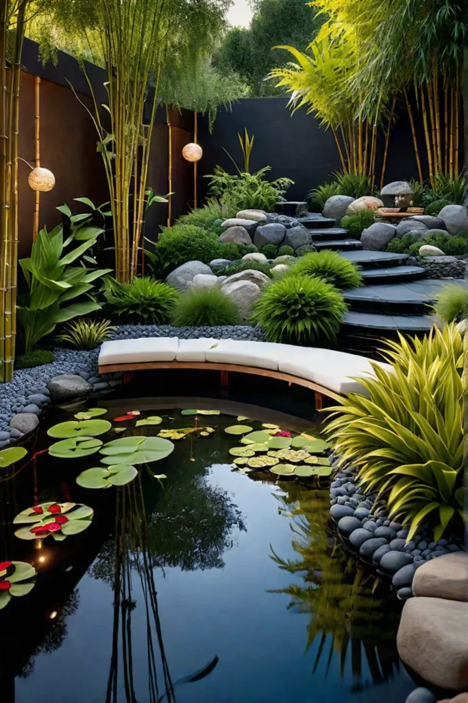 Peaceful retreat with a meditation area and water feature