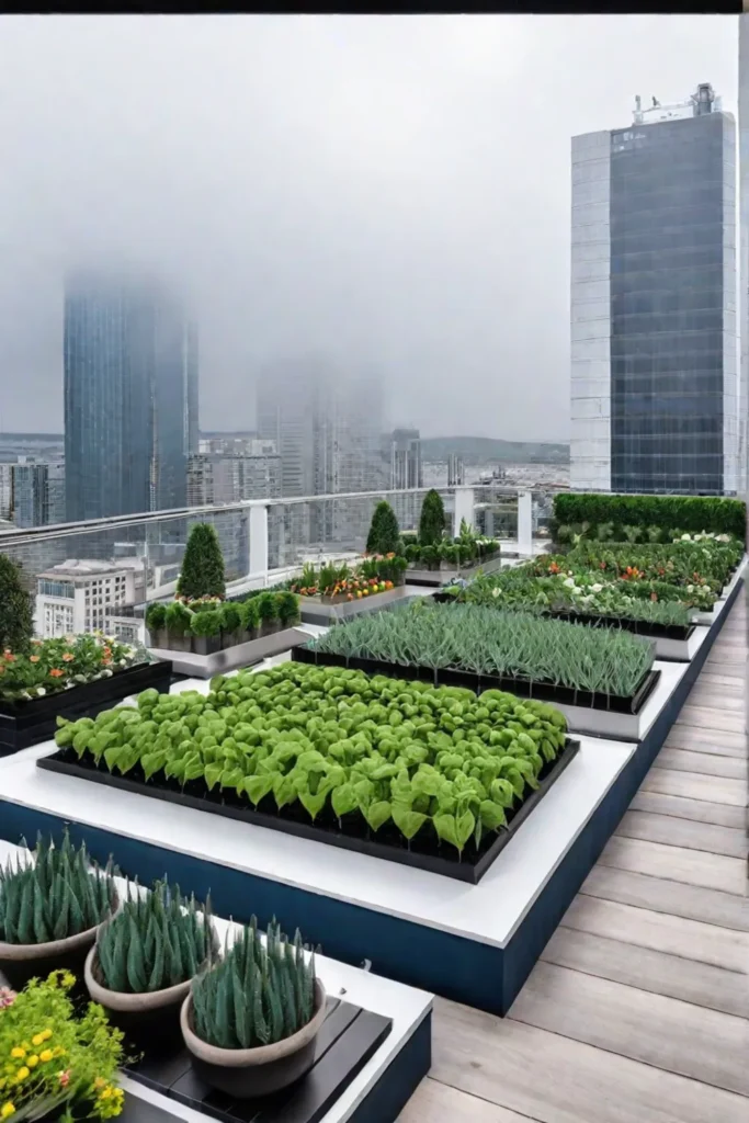 Peaceful rooftop garden with vertical elements