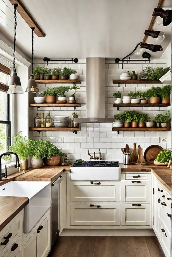 Pendant lights and open shelves in a white galley kitchen