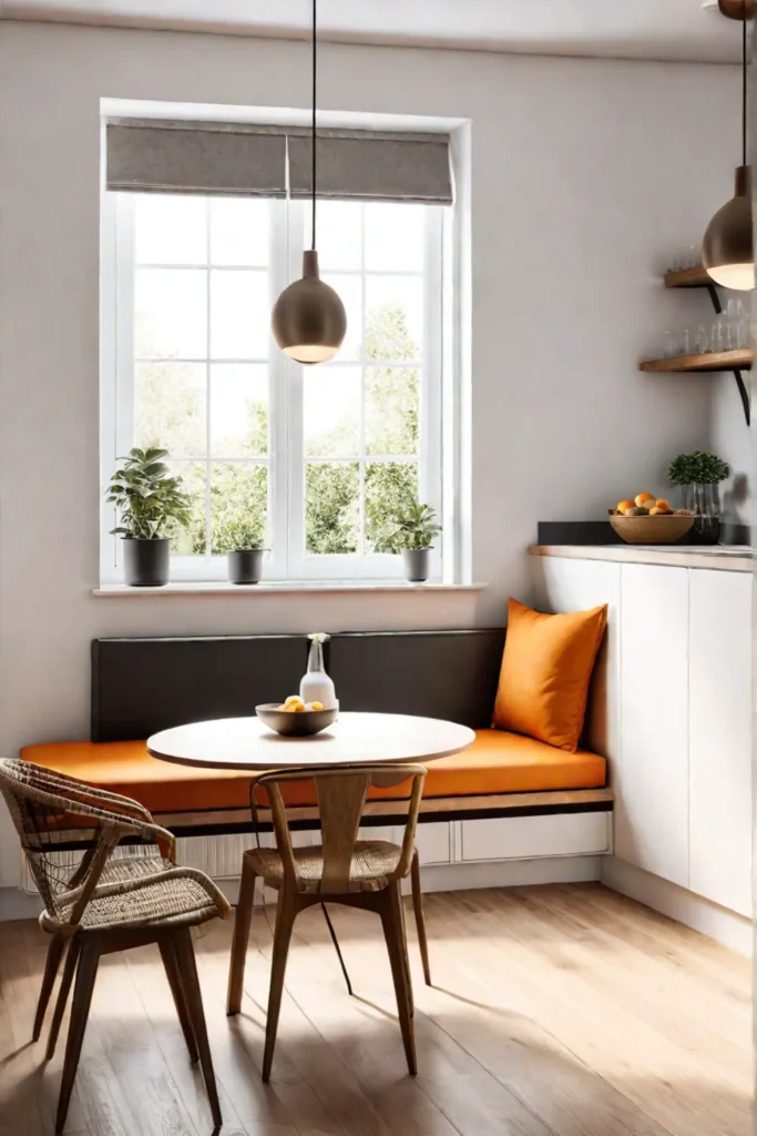 Pendant lights cast a warm glow over a small Scandinavian kitchen with a breakfast nook