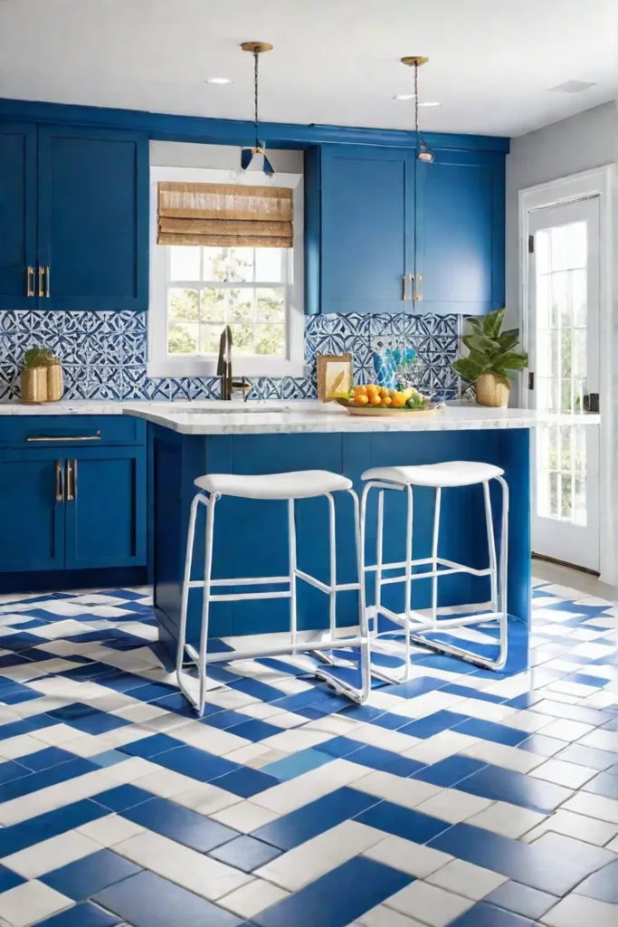 Playful kitchen design with patterned backsplash and colorful accents