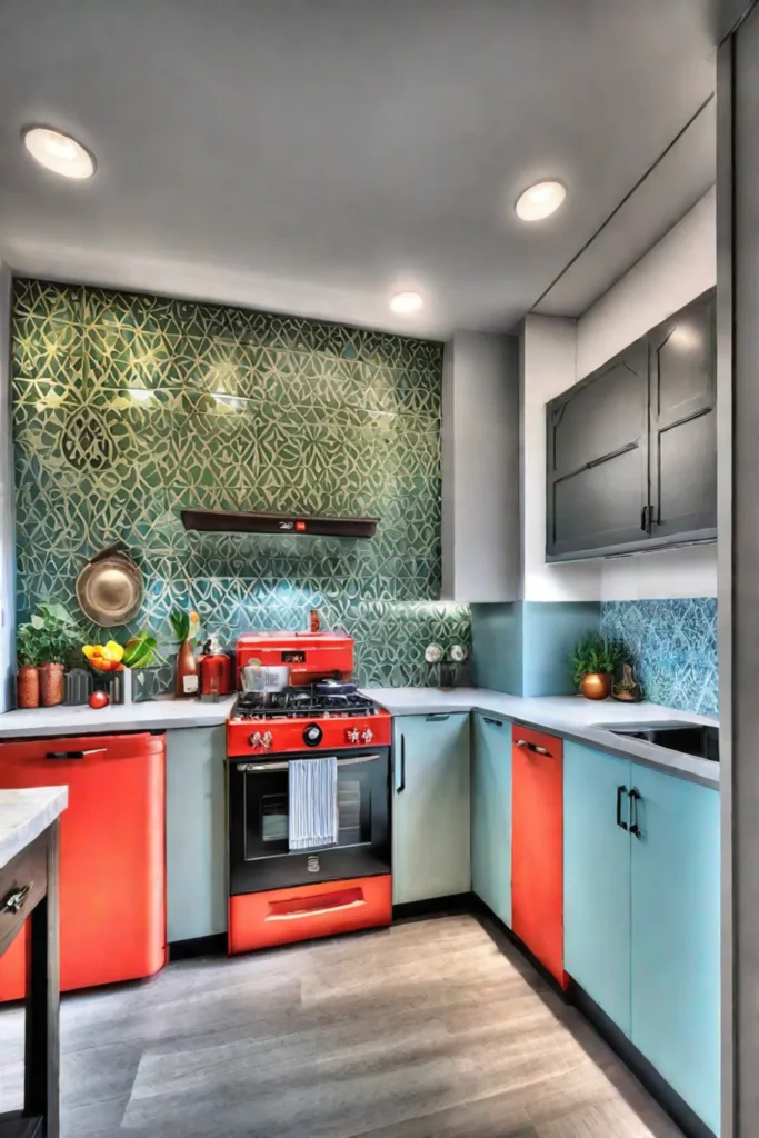 Playful kitchen with abstract wallpaper and colorful cabinets