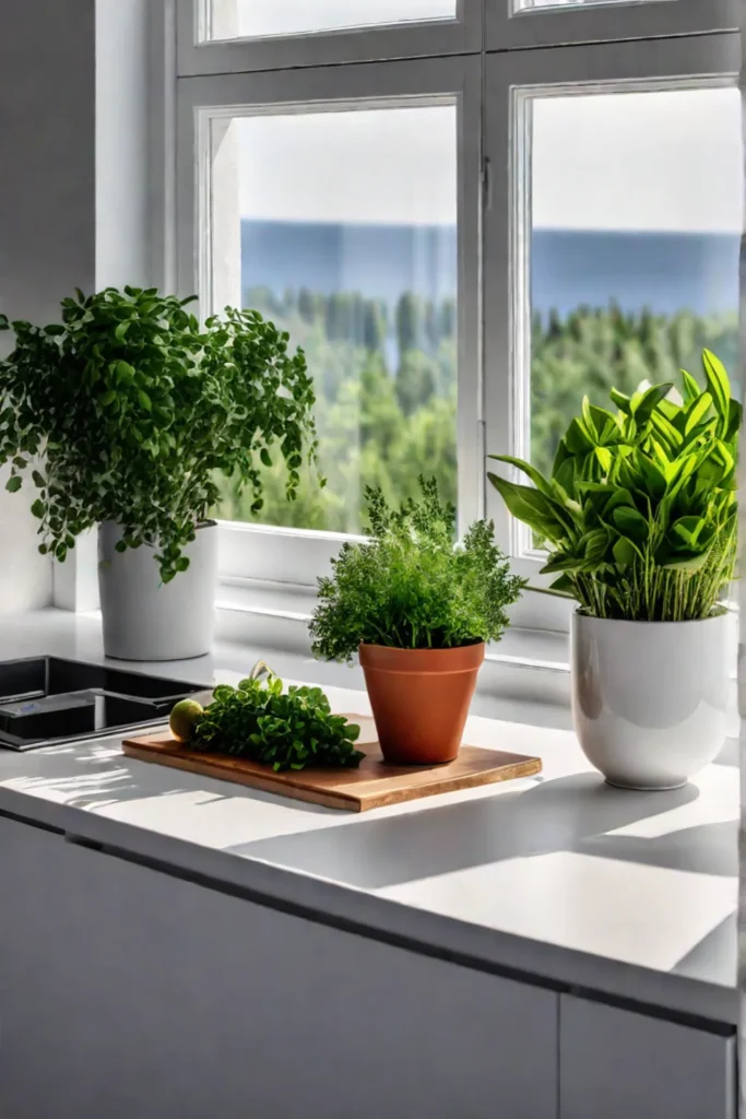 Potted herbs add a touch of green to a bright Scandinavian kitchen window