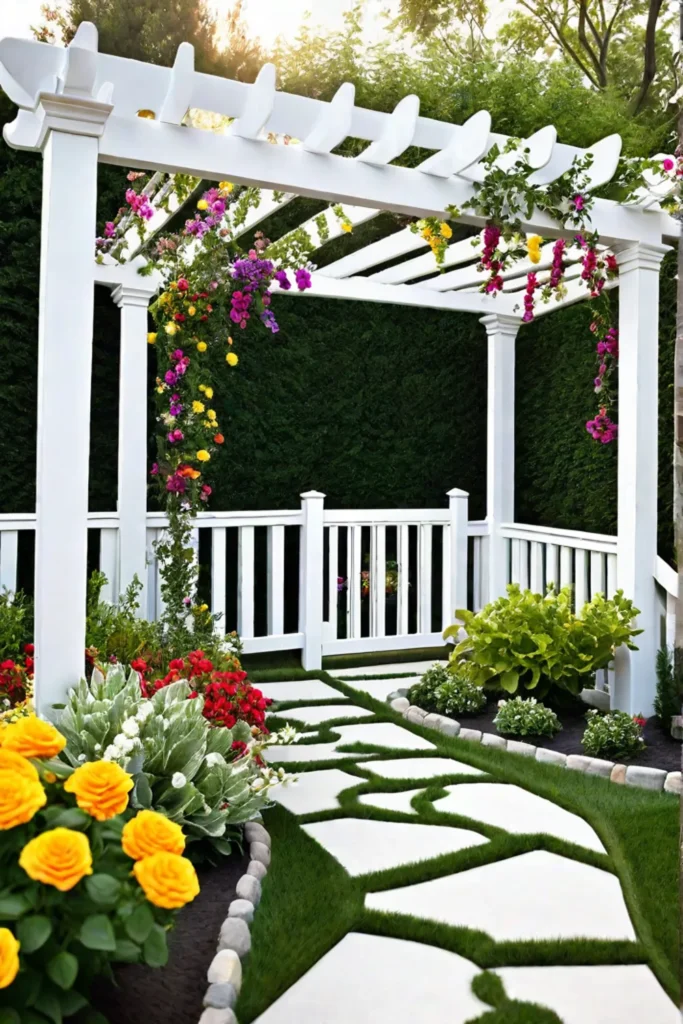 Private garden with a vinyl fence and pergola